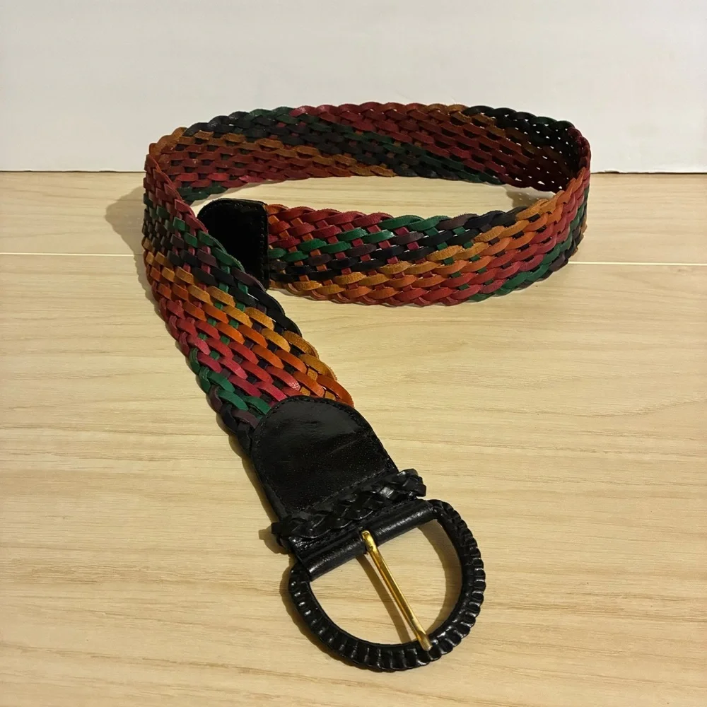Vintage Braided Leather Sunbelt Belt Multicolor Wide Weaved Boho Small/Medium